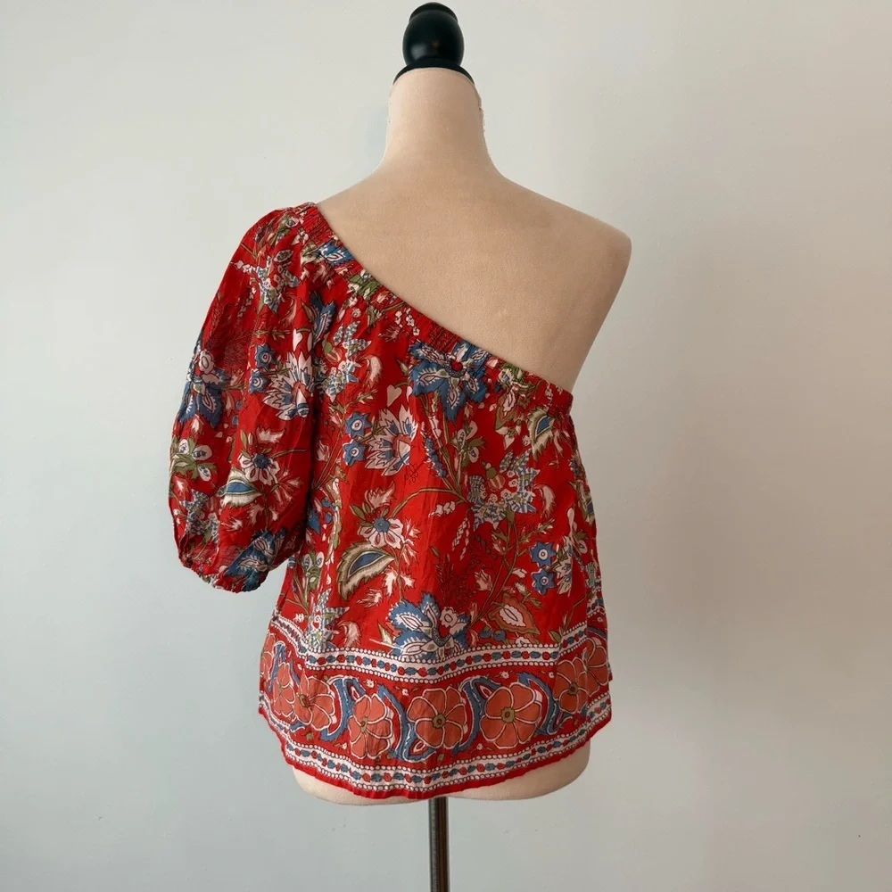 ❤️ Velvet by Graham & Spencer One Shoulder Boho Floral Blouse Red Cotton Top XS - Picture 6 of 11